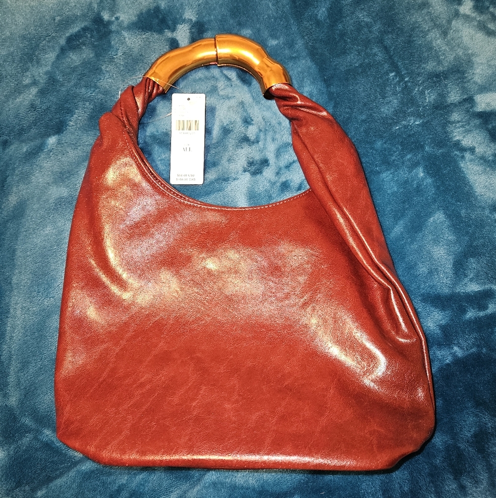 Antropologie Burgundy Faux Leather Hobo Shoulder Bag with Bamboo-Style Handle